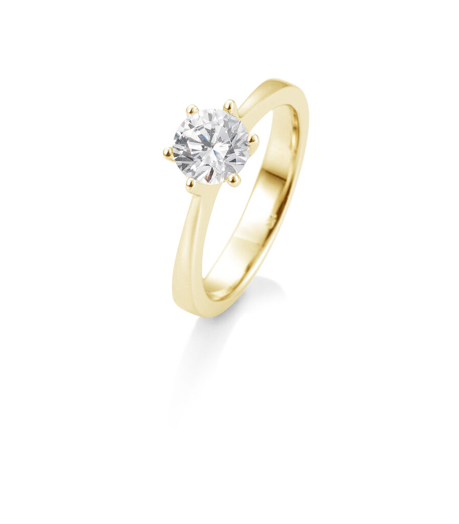 Gold-Solitär-Diamantring mit einer Fassung mit sechs Krappen.